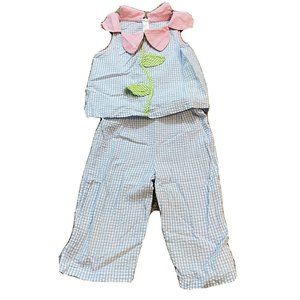 Cottontail Originals Vtg Girls Blue Gingham Tank Top Capri Flower Set Size 6